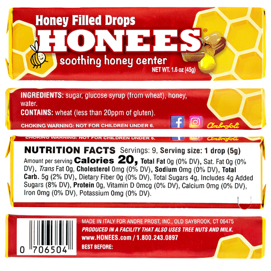 HONEES Honey Filled Drops, Menthol Free, 1.6oz bars (4-pack)