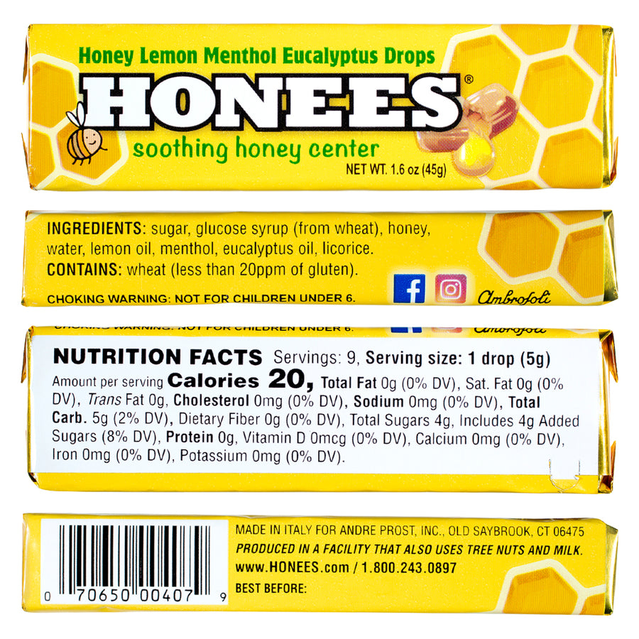 HONEES Drops with Menthol, Lemon, Eucalyptus, 1.6oz bars (4-pack)