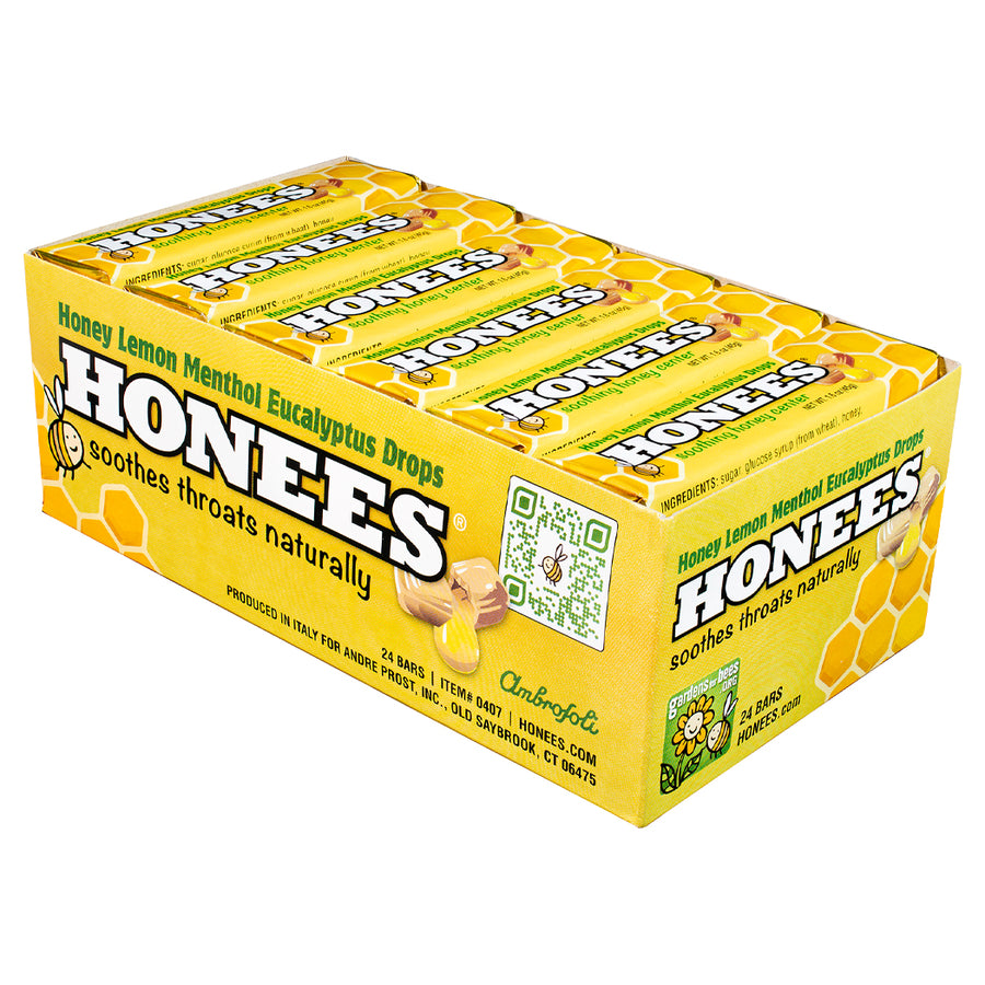 HONEES Drops with Lemon, Menthol, Eucalyptus, 1.6oz bars (Pack of 24)