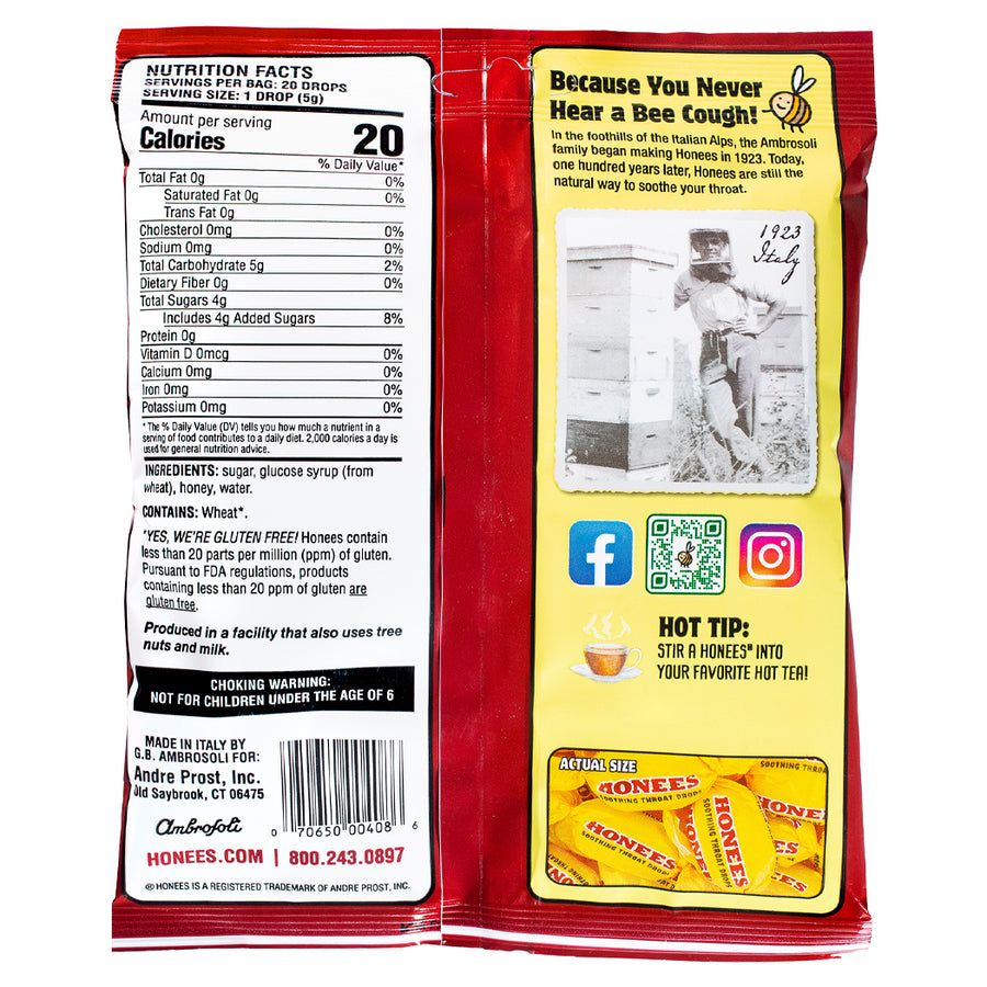 HONEES Honey Filled Drops, Menthol Free, 20-count bag