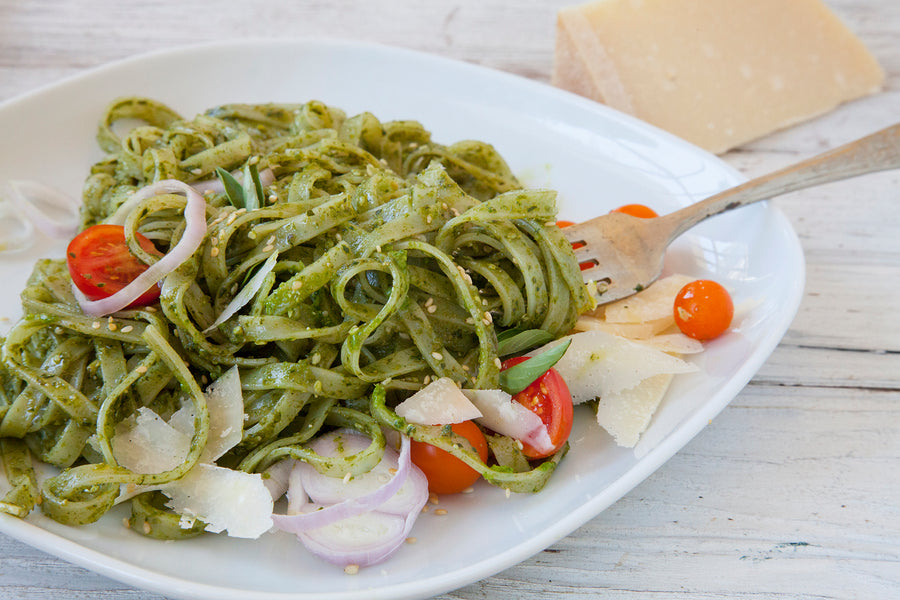 Rice Noodles with Sesame Basil Pesto