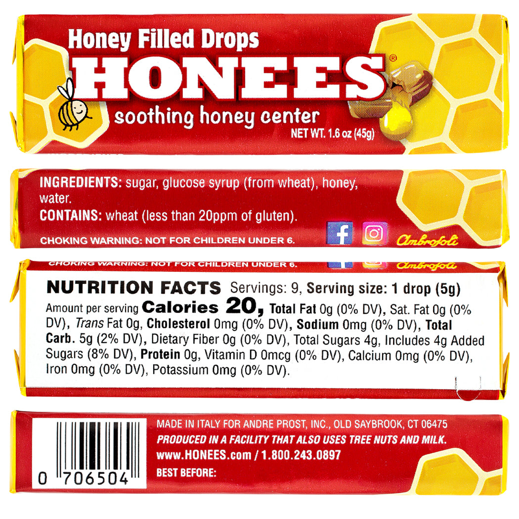 HONEES -  Honey Filled Drops, Menthol Free, 1.6oz bars (Pack of 24)