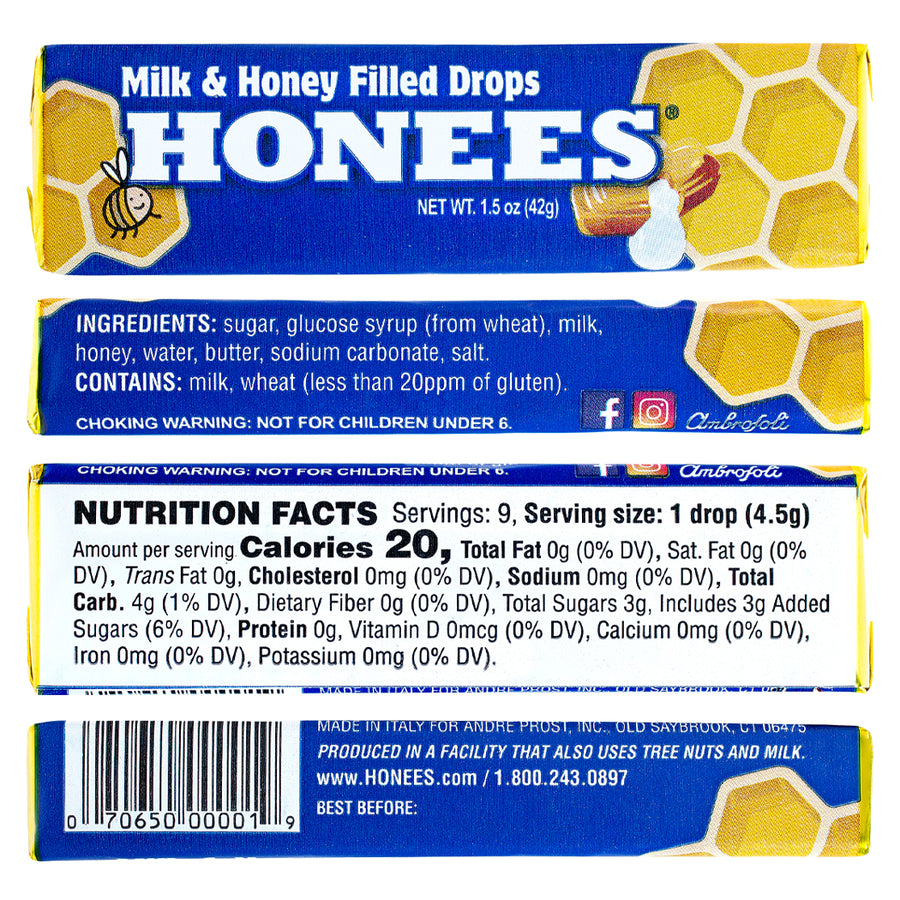 HONEES Milk and Honey Filled Drops, 1.6oz bars (4-pack)