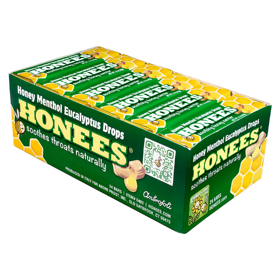 HONEES Honey filled drops with Menthol Eucalyptus Honey Filled Drops, 1.6oz bars (Pack of 24)