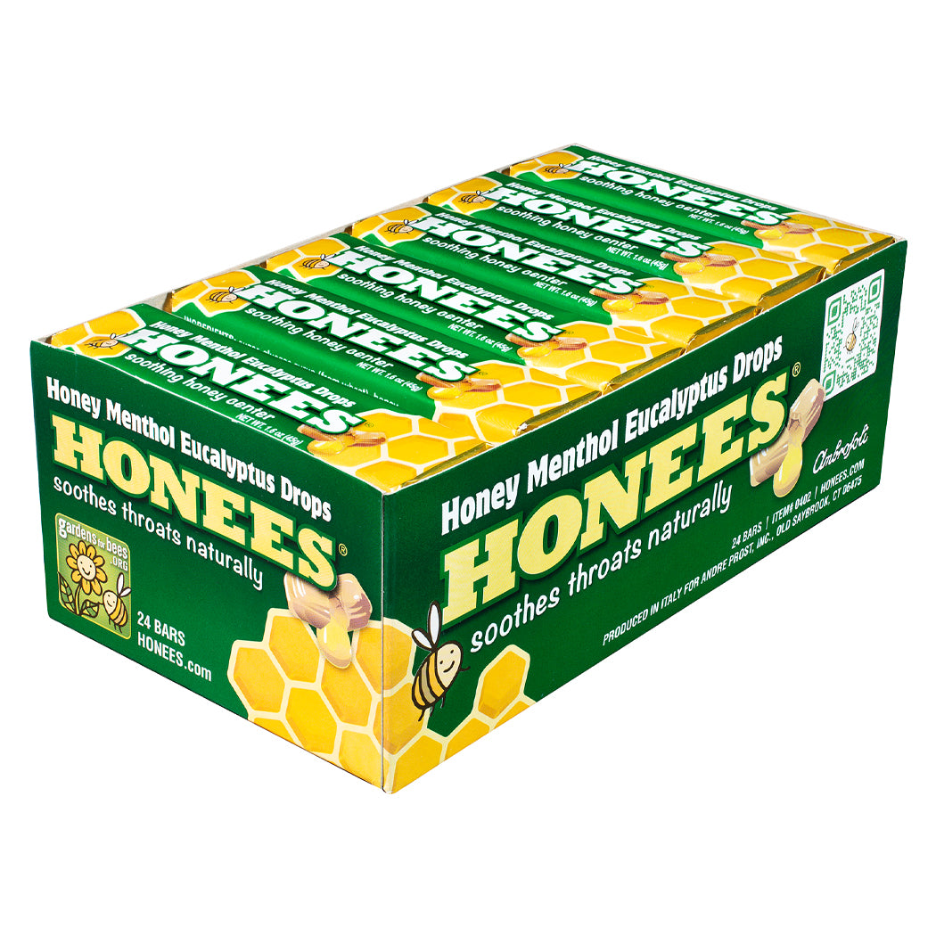 HONEES Honey filled drops with Menthol Eucalyptus Honey Filled Drops, 1.6oz bars (Pack of 24)