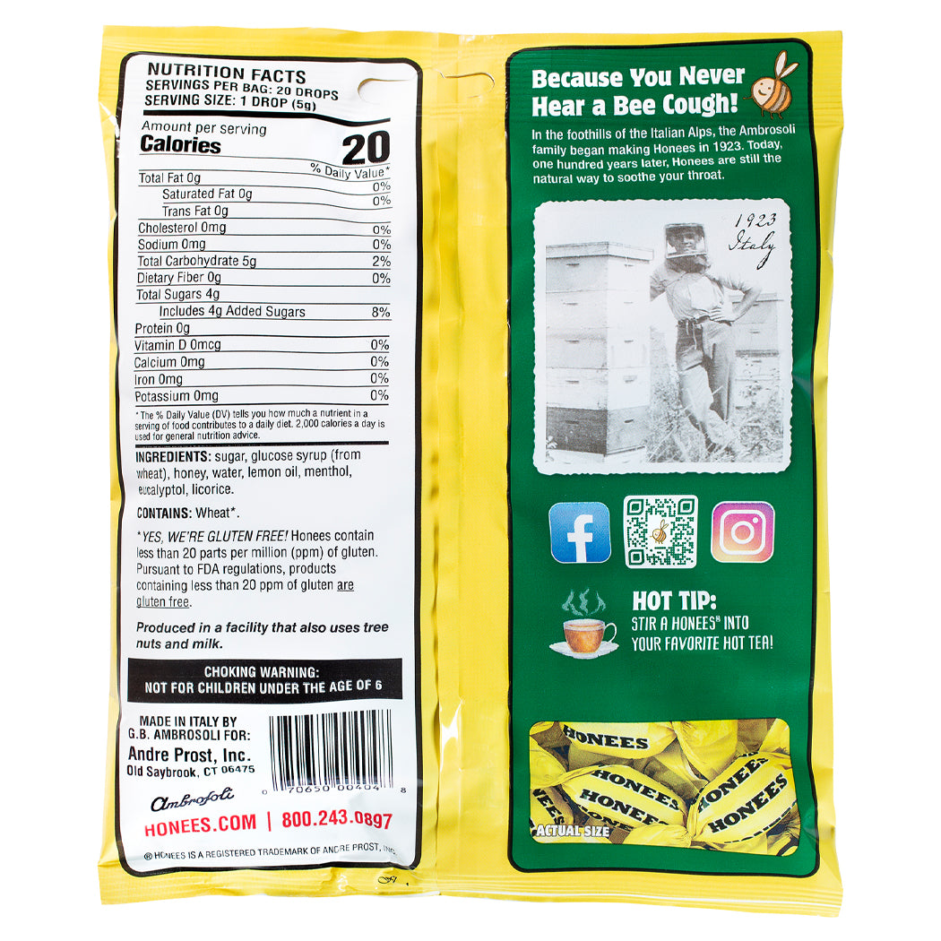 HONEES Honey Filled Drops with Lemon, Menthol, Eucalyptus, 20-count bag