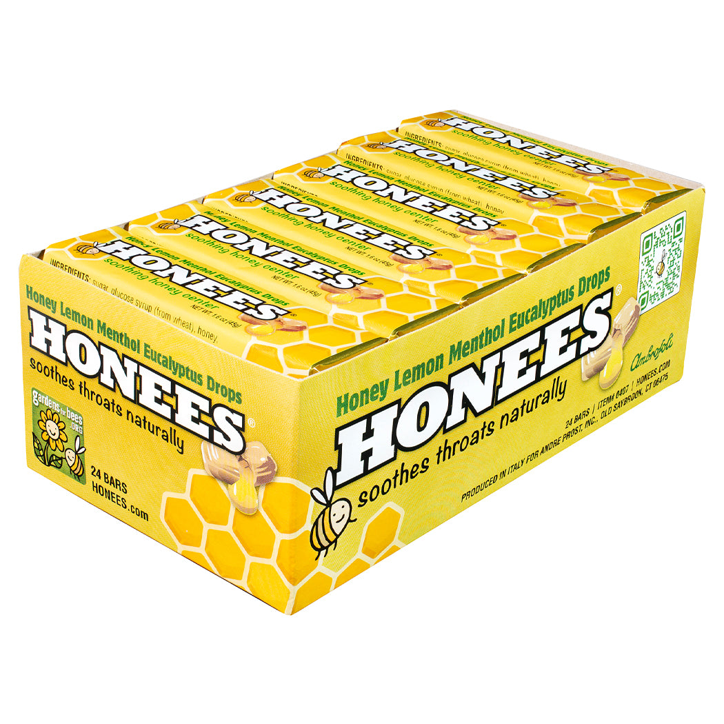 HONEES Drops with Lemon, Menthol, Eucalyptus, 1.6oz bars (Pack of 24)