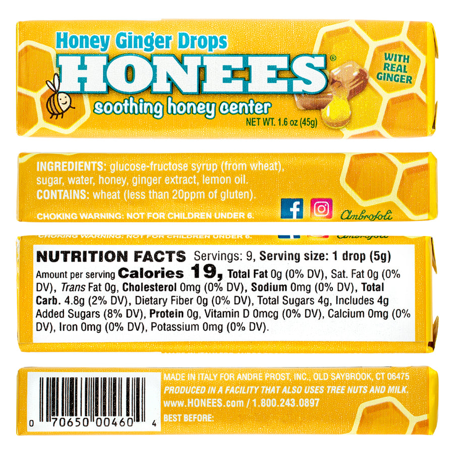 HONEES Honey Ginger Drops, 1.6 oz Bars, 4 pack