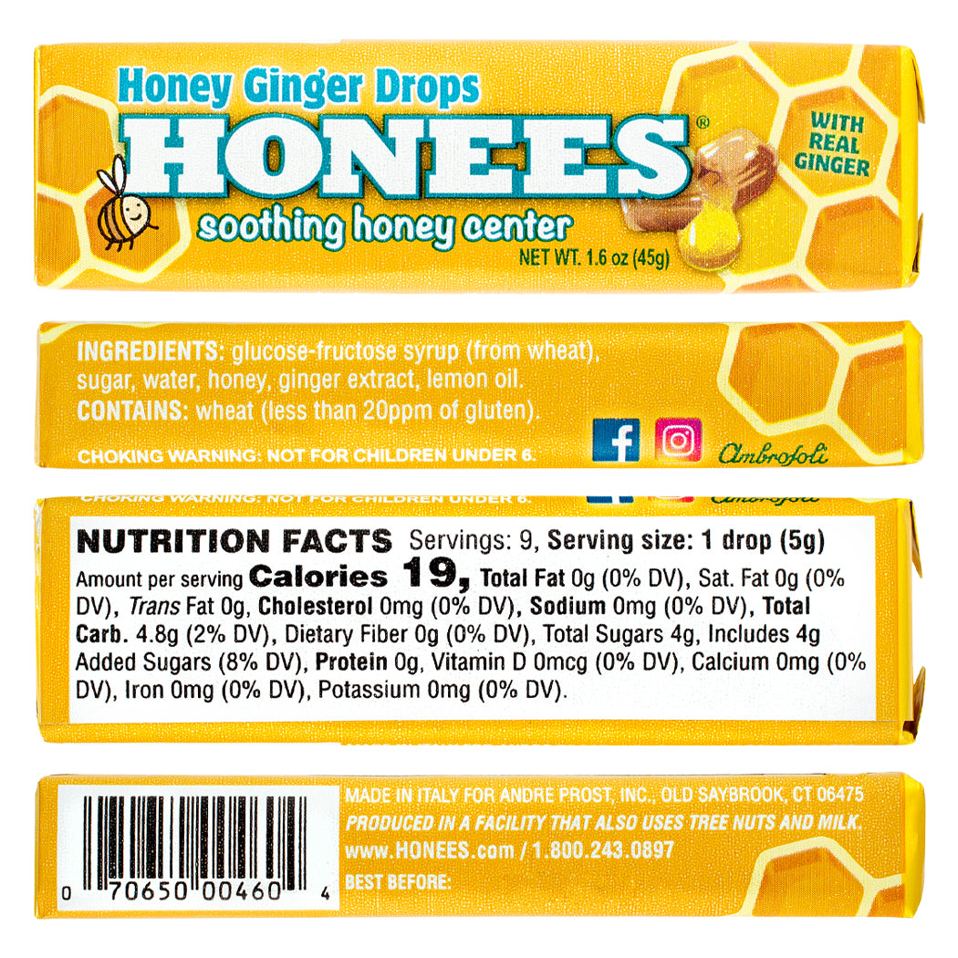 NEW! HONEES Honey Ginger Drops, 1 Box of 12 Bars