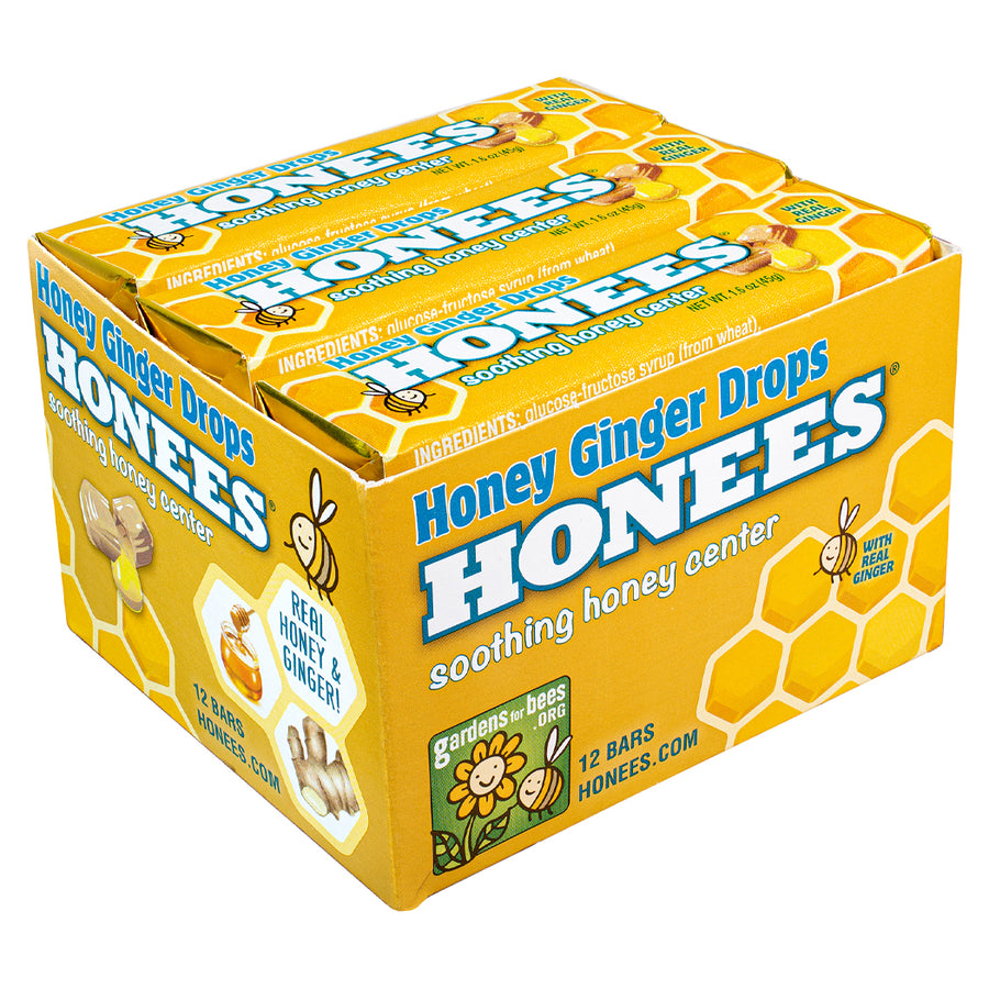 NEW! HONEES Honey Ginger Drops, 1 Box of 12 Bars